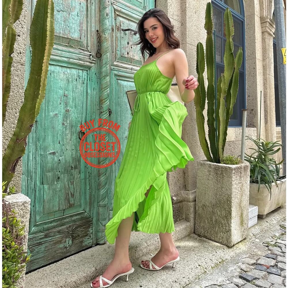 Mango NWT Lime Green Pleated Midi Dress Bow Belt 6 8 - Picture 5 of 16